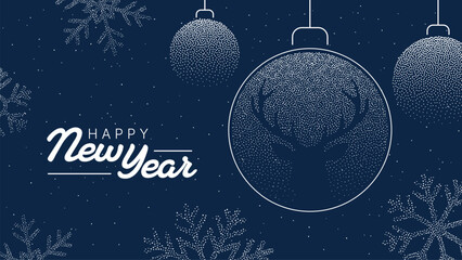 Happy New Year greeting card with decorative Christmas ornaments, snowflakes, and a deer silhouette. Winter holiday celebration poster.