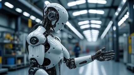 Futuristic robot humanoid robot cybernetic advanced technology artificial intelligence robotics automation factory industrial innovation grace mechanical metal engineering machinery android bionic - Powered by Adobe