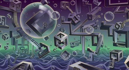 Surreal abstract artwork featuring floating geometric shapes and structures in a dreamlike, watery environment.