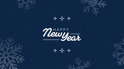 Happy New Year text with snowflakes and stars on a dark blue background. Winter holiday celebration and greeting card concept.