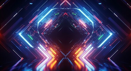 Abstract digital tunnel with neon lights and reflections, futuristic and geometric.