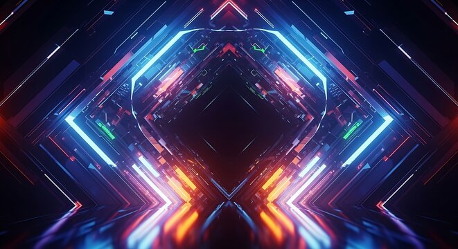 Abstract digital tunnel with neon lights and reflections, futuristic and geometric.
