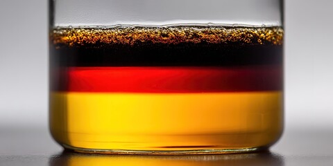 Colorful liquid layers in a glass jar showcasing a beautiful gradient of amber, red, and black hues during a science experiment at home