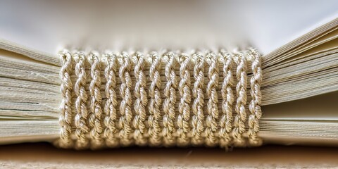 Close-up view of handmade bookbinding showcasing stitching detail on a softcover notebook in a bright workspace
