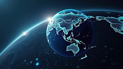 Glowing earth digital map global network blue neon technology space sunrise Asia Pacific data flow cyberspace neon futuristic horizon, neon globe lines of Asia Earth map glowing futurism and global - Powered by Adobe