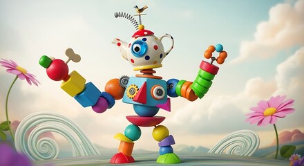 A whimsical robot with a teapot head and colorful wooden block limbs, set in a vibrant, surreal landscape.