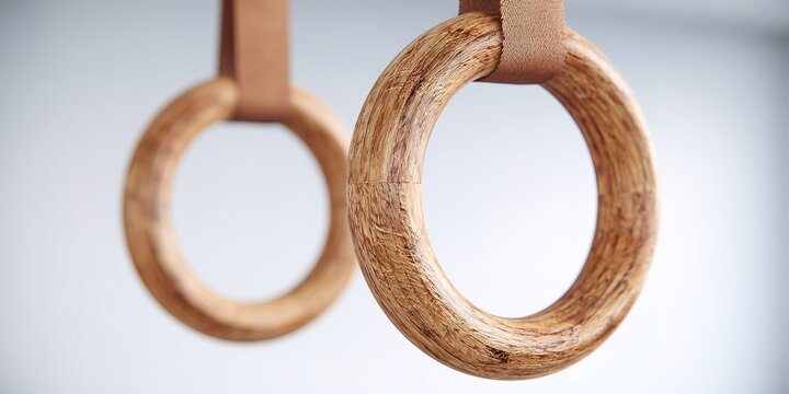 Wooden gymnastics rings hanging in a gym for strength training and fitness exercises