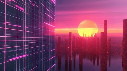 Cyberpunk cityscape with neon data growth during sunset - Powered by Adobe