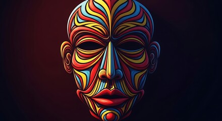 Vibrant and intricate artistic depiction of a stylized tribal mask with colorful patterns and details.