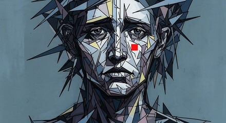 Abstract geometric portrait of a sorrowful figure wearing a crown of sharp spikes, conveying deep melancholy and suffering.