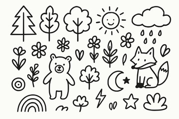 Fototapeta premium Black and White Nature Doodles with Animals, Weather, and Trees for Kids