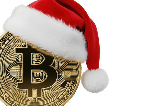 Bitcoin symbol wearing a santa hat, representing cryptocurrency and christmas, isolated on transparent background