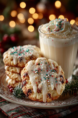 Cookies de Noël faits maison avec verre de lait, décorations festives et ambiance chaleureuse hivernale, tradition gourmande du Père Noël