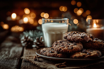 Cookies de Noël faits maison avec verre de lait, décorations festives et ambiance chaleureuse hivernale, tradition gourmande du Père Noël
