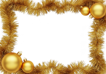 Golden christmas tinsel garland with baubles forming a border, isolated on transparent background