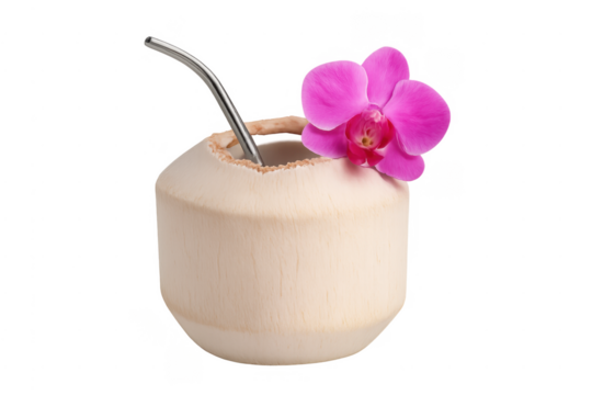 Fresh coconut drink with metal straw and orchid, transparent background