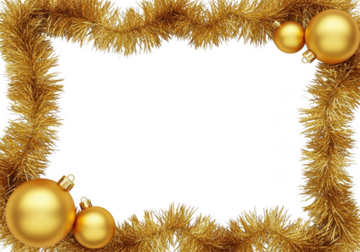 Golden christmas tinsel garland with baubles forming a border, isolated on transparent background