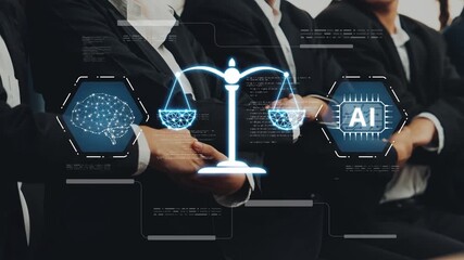 A conceptual image showcasing a business meeting featuring law and technology elements, emphasizing the balance between justice and digital innovation in modern environments. Raster - Powered by Adobe