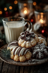 Cookies de Noël faits maison avec verre de lait, décorations festives et ambiance chaleureuse hivernale, tradition gourmande du Père Noël