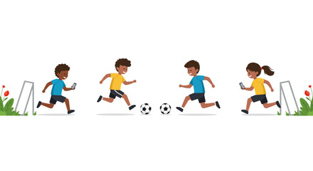 Fototapeta premium Children playing soccer with phone near goal