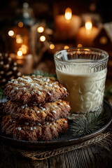 Cookies de Noël faits maison avec verre de lait, décorations festives et ambiance chaleureuse hivernale, tradition gourmande du Père Noël