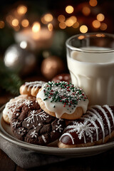 Cookies de Noël faits maison avec verre de lait, décorations festives et ambiance chaleureuse hivernale, tradition gourmande du Père Noël