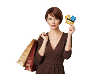 Woman holding shopping bags and credit cards, isolated on transparent background