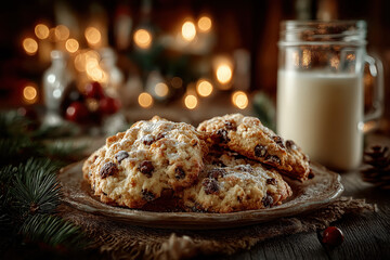 Cookies de Noël faits maison avec verre de lait, décorations festives et ambiance chaleureuse hivernale, tradition gourmande du Père Noël