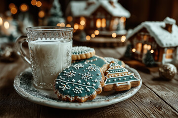 Cookies de Noël faits maison avec verre de lait, décorations festives et ambiance chaleureuse hivernale, tradition gourmande du Père Noël