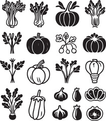 Set of organic fresh vegetables icons vector black and white icons 