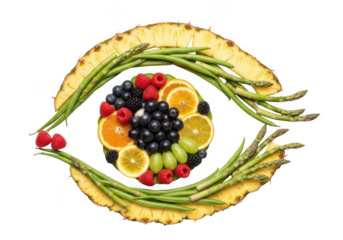 Creative eye shape made of fresh fruits and vegetables, symbolizing healthy eating and vision care, isolated on transparent background