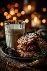 Cookies de Noël faits maison avec verre de lait, décorations festives et ambiance chaleureuse hivernale, tradition gourmande du Père Noël