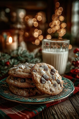 Cookies de Noël faits maison avec verre de lait, décorations festives et ambiance chaleureuse hivernale, tradition gourmande du Père Noël