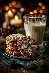 Cookies de Noël faits maison avec verre de lait, décorations festives et ambiance chaleureuse hivernale, tradition gourmande du Père Noël