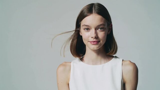Video of young beautiful professional model with shiny silky short blond hair and natural soft skin, smiling and posing to camera in large studio white background.Slow motion.AI Generative.