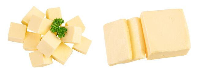 butter cubes isolated on white background with full depth of field. Top view. Flat lay