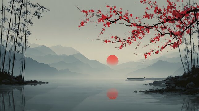 Serene Asian Landscape with Red Blossoms and Reflections at Sunset