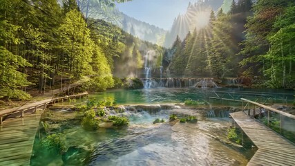 Waterfall walkway meanders through lush greenery and tranquil river, capturing the serene morning atmosphere of a peaceful escape from challenges, ideal for promoting wellness, mindfulness.