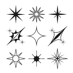 Fototapeta premium A 3x3 grid of nine black sparkle icons, each uniquely designed with varying points, shapes, and decorative elements, displayed on a white background.