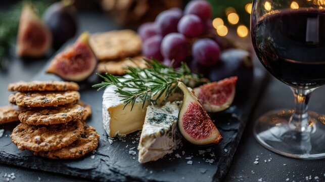 Delicious cheese platter with wine, figs, grapes and crackers on dark slate - Powered by Adobe