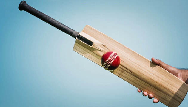 Hand Holding a Wooden Cricket Bat with a Red Ball Resting on It sport game