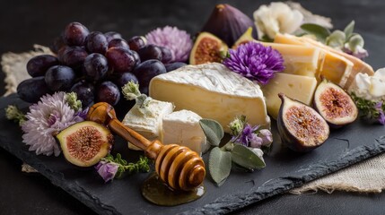 Fototapeta premium Delicious cheese platter with honey, figs, grapes and flowers on dark slate