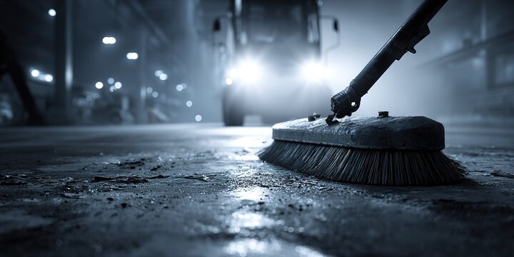 Cleaning the warehouse floor with a broom as machines operate in the background during late night