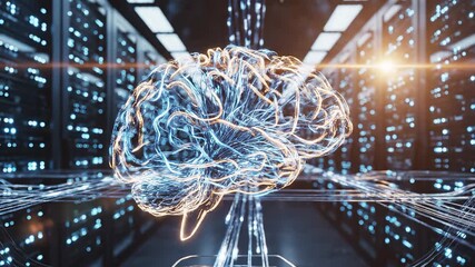 A digital brain is surrounded by glowing circuitry within a high-tech data center, representing the fusion of technology and intelligence. The brain's light patterns indicate dynam - Powered by Adobe