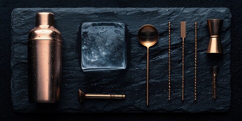 Stylish cocktail preparation tools on a black stone surface ready for mixing drinks at a modern bar