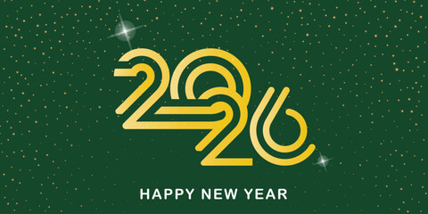 A stylish golden 2026 numeral is centered on a dark green, speckled background with subtle stars, wishing a happy new year.