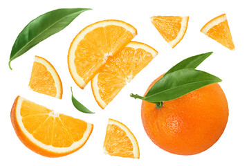 Orange fruit slices isolated on white background. Top view. Flat lay.