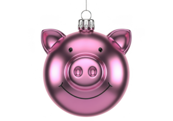Pink metallic pig christmas ornament with a smiling face hanging isolated on transparent background