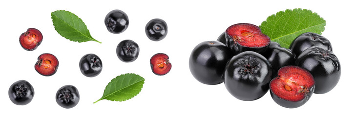 Chokeberry with leaf isolated on white background. Black aronia. Top view. Flat lay