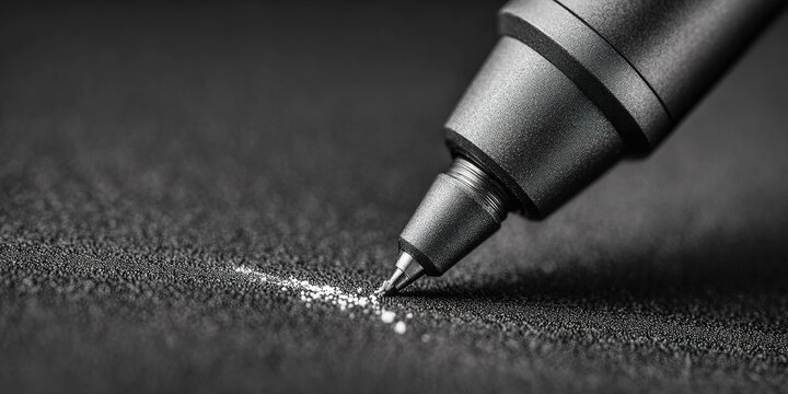Close-up of a metal pen creating fine lines on textured black paper in a creative workspace